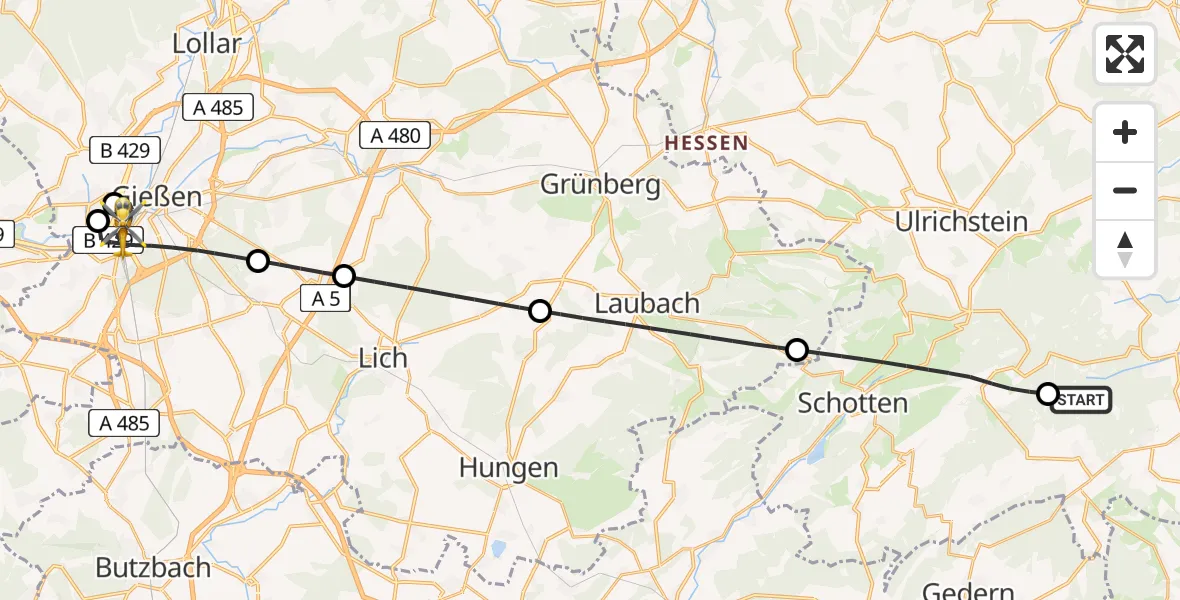 Flugroute Rettungshubschrauber Grebenhain - Gießen, 05 Mai 2026, 08:20