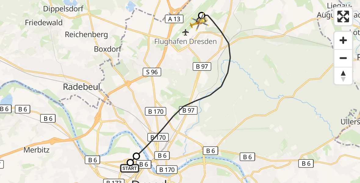 Flugroute Rettungshubschrauber Dresden Friedrichstadt Hospital - Dresden Bundespolizei Hubschrauberlandeplatz, 05 Mai 2026, 08:28