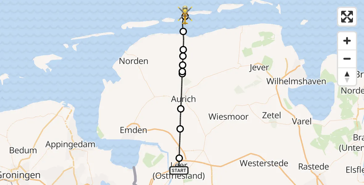 Flugroute Ambulanzhubschrauber Leer (Ostfriesland) - Langeoog Flughafen, 05 Mai 2026, 08:29