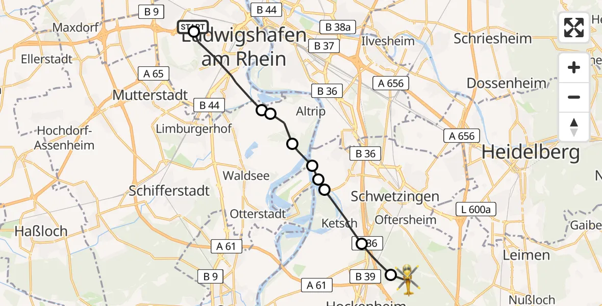 Flugroute Rettungshubschrauber Ludwigshafen Accident Hospital - Hockenheim, 05 Mai 2026, 08:29