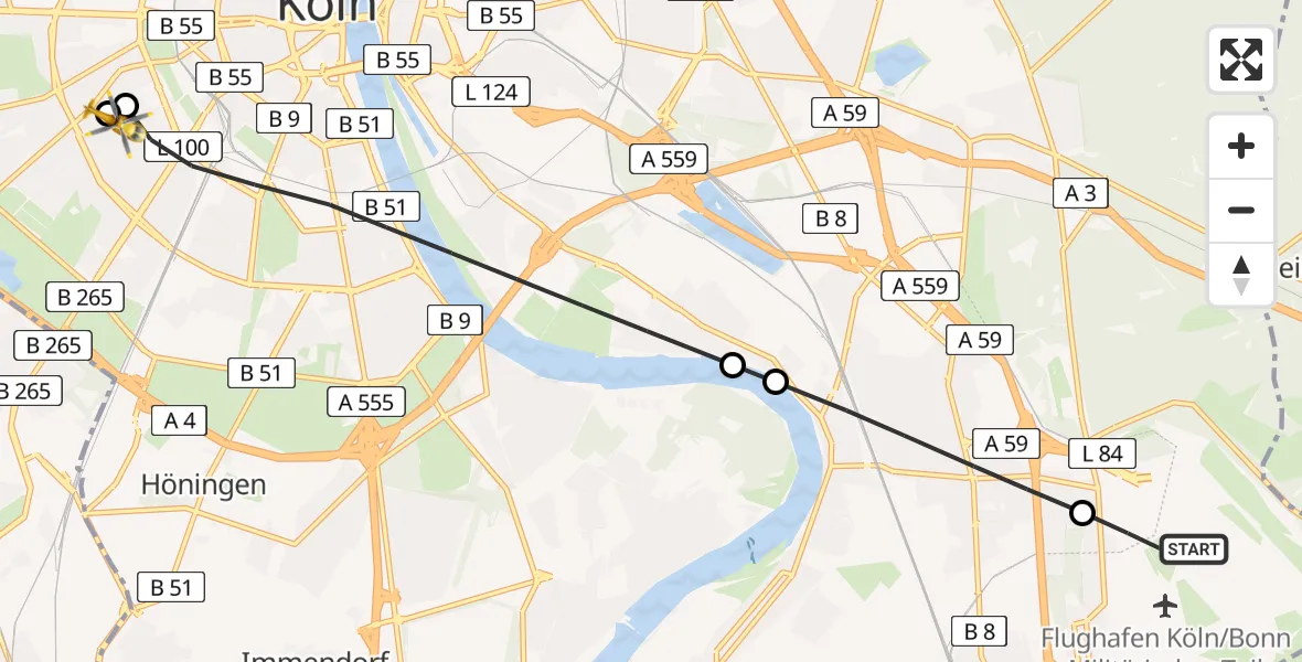 Flugroute Ambulanzhubschrauber Köln Bonn Flughafen - Köln University Hospital, 05 Mai 2026, 08:30