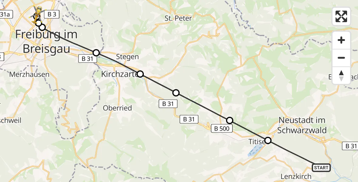 Flugroute Rettungshubschrauber Lenzkirch - Freiburg im Breisgau Flugplatz, 05 Mai 2026, 08:36