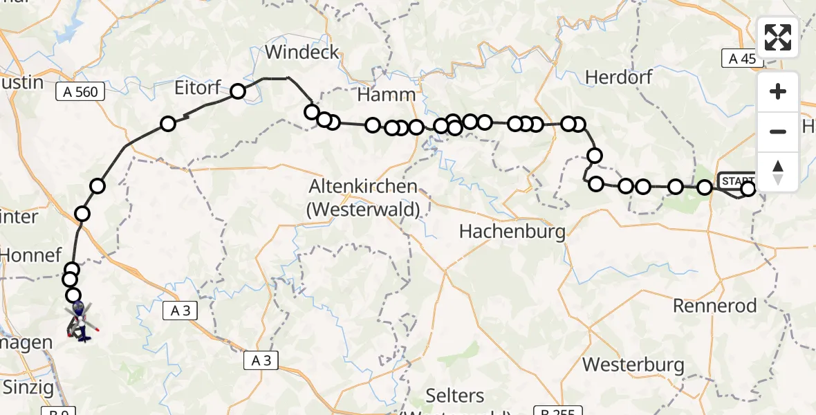 Flugroute Polizeihubschrauber Siegerland Flughafen - Linz am Rhein, 05 Mai 2026, 08:50