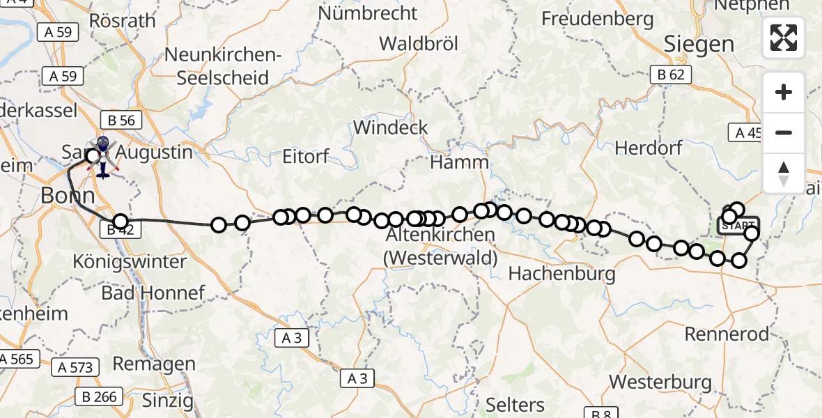 Flugroute Polizeihubschrauber Siegerland Flughafen - Sankt Augustin, 05 Mai 2026, 08:51