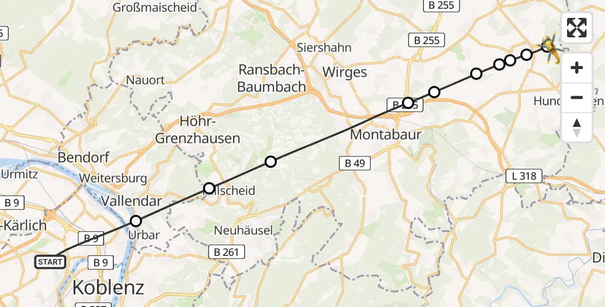 Flugroute Rettungshubschrauber Koblenz - Molsberg, 05 Mai 2026, 08:53