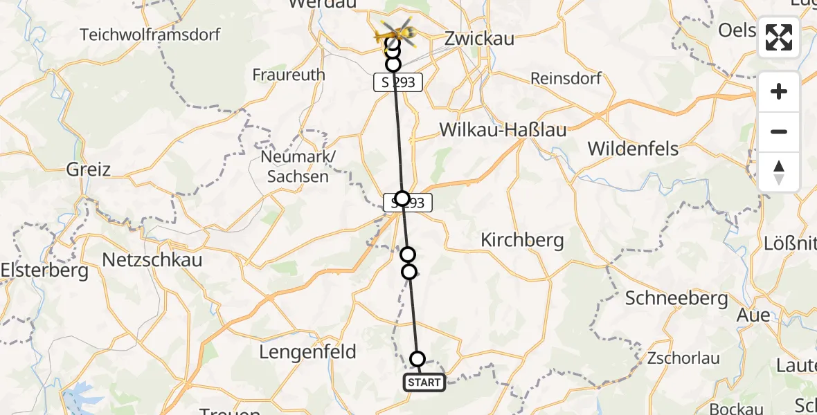 Flugroute Rettungshubschrauber Steinberg - ADAC Air Rescue Station Zwickau Hubschrauberlandeplatz, 05 Mai 2026, 08:55