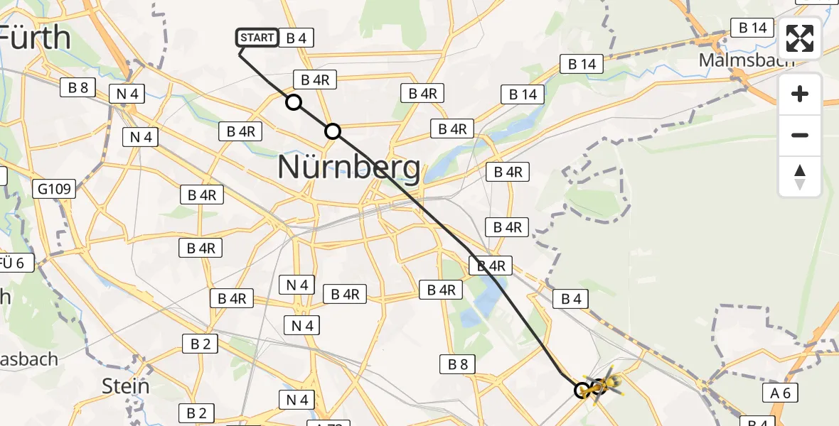 Flugroute Rettungshubschrauber Nürnberg - Nürnberg South Hospital, 05 Mai 2026, 09:02
