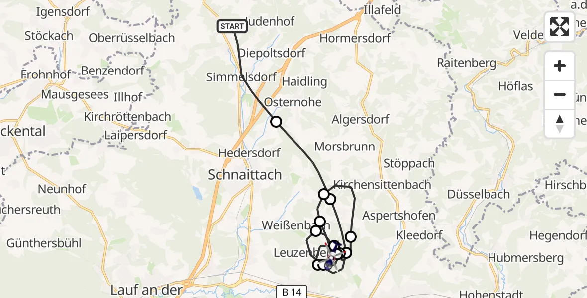 Flugroute Polizeihubschrauber Simmelsdorf - Kirchensittenbach, 05 Mai 2026, 09:05