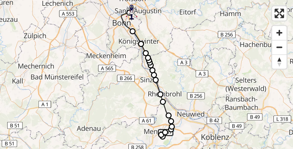 Flugroute Polizeihubschrauber Kruft - Sankt Augustin, 05 Mai 2026, 09:07