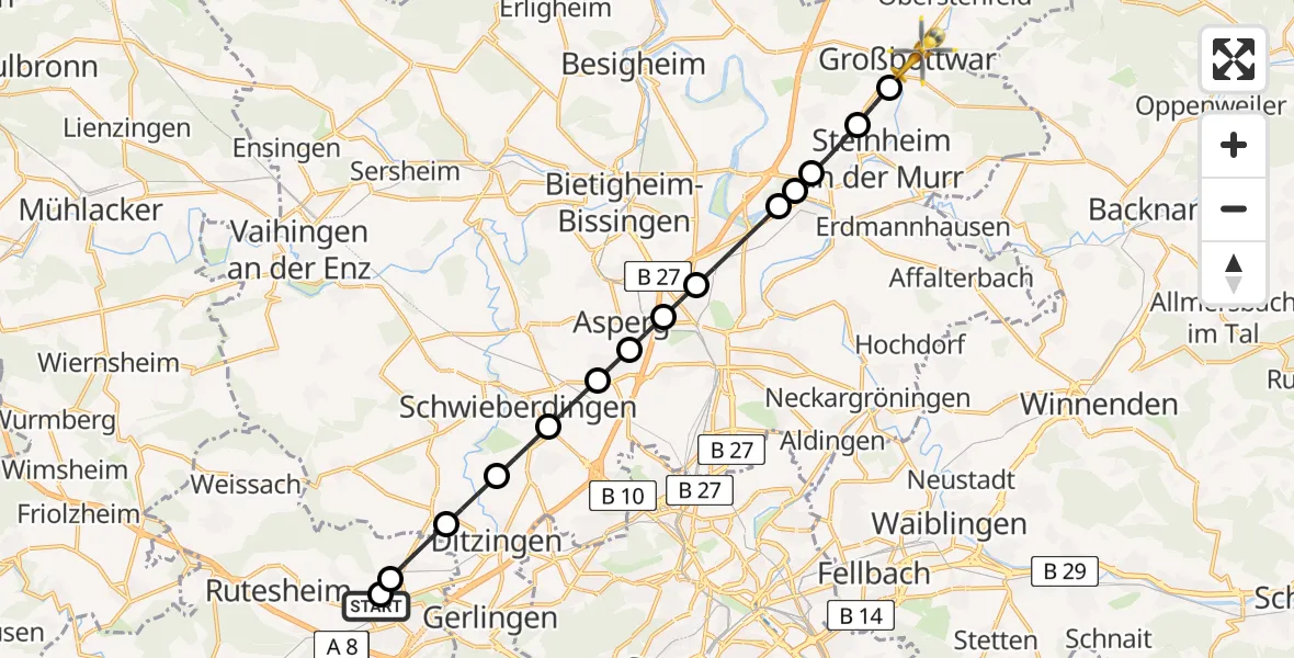 Flugroute Rettungshubschrauber Leonberg Hospital - Großbottwar, 05 Mai 2026, 09:06