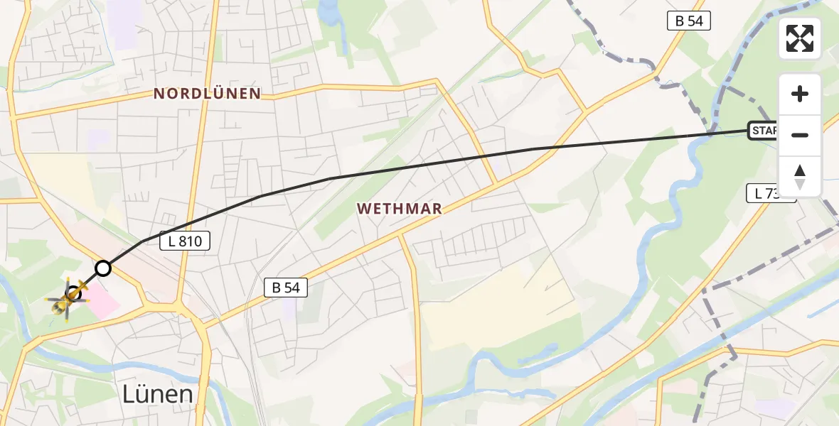 Flugroute Rettungshubschrauber Lünen - Sankt Marien Hospital, 05 Mai 2026, 09:08