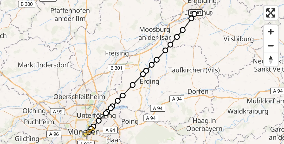Flugroute Rettungshubschrauber Landshut Hospital - Rechts der Isar University Hospital, 05 Mai 2026, 09:11