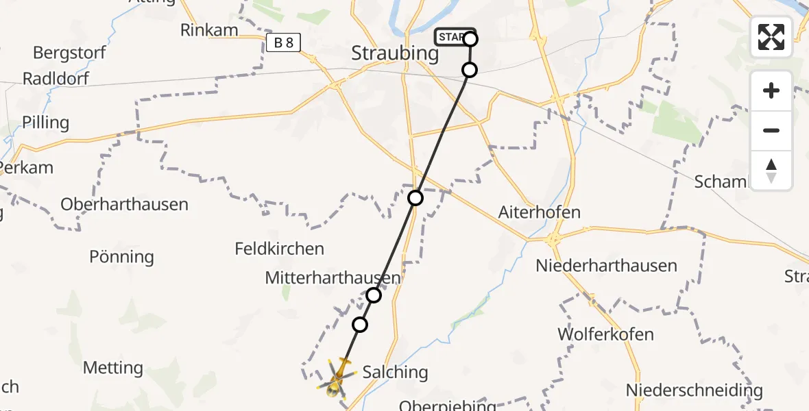 Flugroute Rettungshubschrauber Sankt Elisabeth Hospital Straubing - Salching, 05 Mai 2026, 09:14