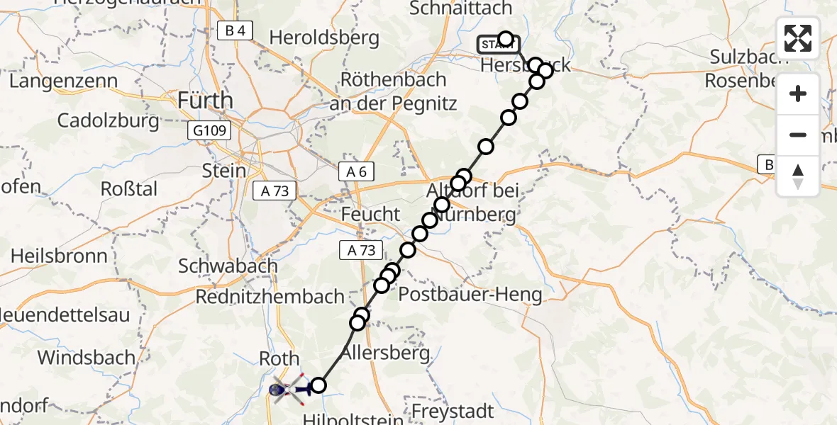 Flugroute Polizeihubschrauber Kirchensittenbach - Roth, 05 Mai 2026, 09:19