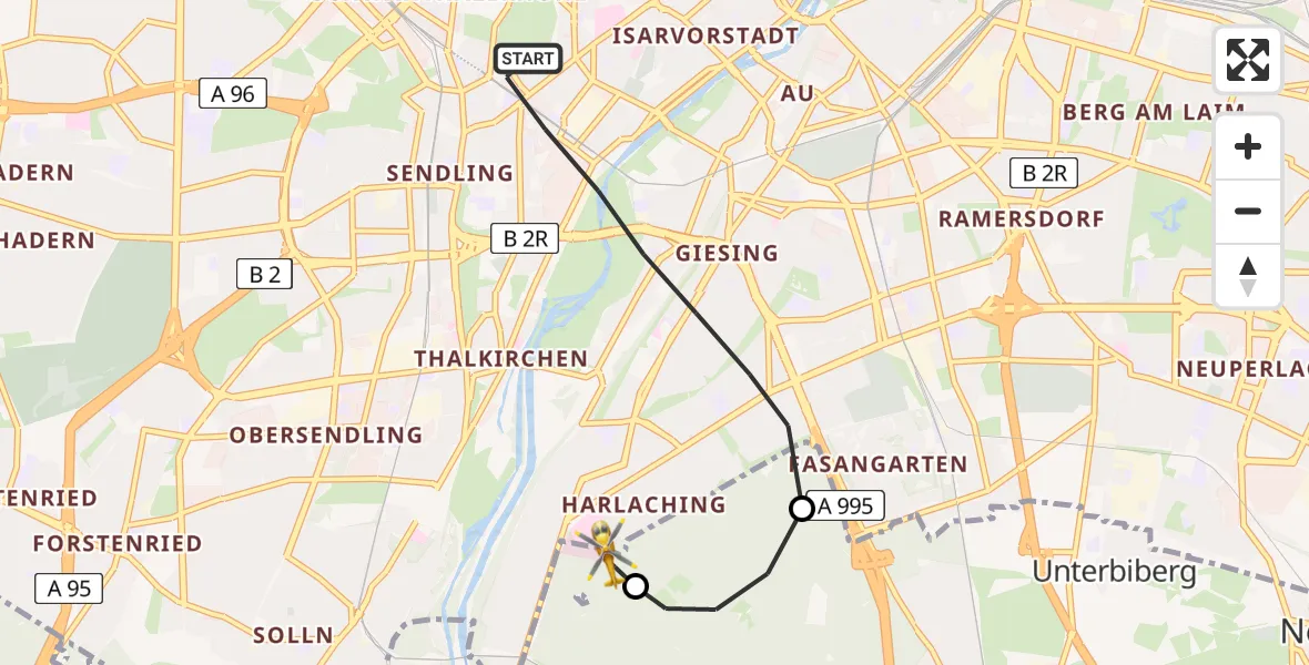 Flugroute Rettungshubschrauber München - ADAC Air Rescue Center Hubschrauberlandeplatz (Christoph 1), 05 Mai 2026, 09:24