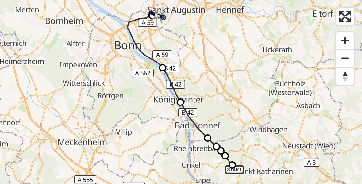 Flugroute Polizeihubschrauber Kasbach-Ohlenberg - Sankt Augustin, 05 Mai 2026, 09:24