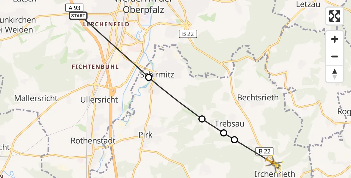 Flugroute Rettungshubschrauber Weiden i.d.OPf. - Irchenrieth, 05 Mai 2026, 09:25