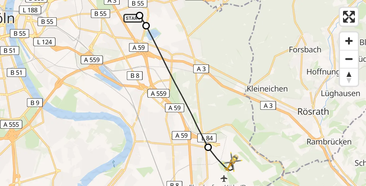 Flugroute Rettungshubschrauber Merheim Hospital - Köln Bonn Flughafen, 05 Mai 2026, 09:27