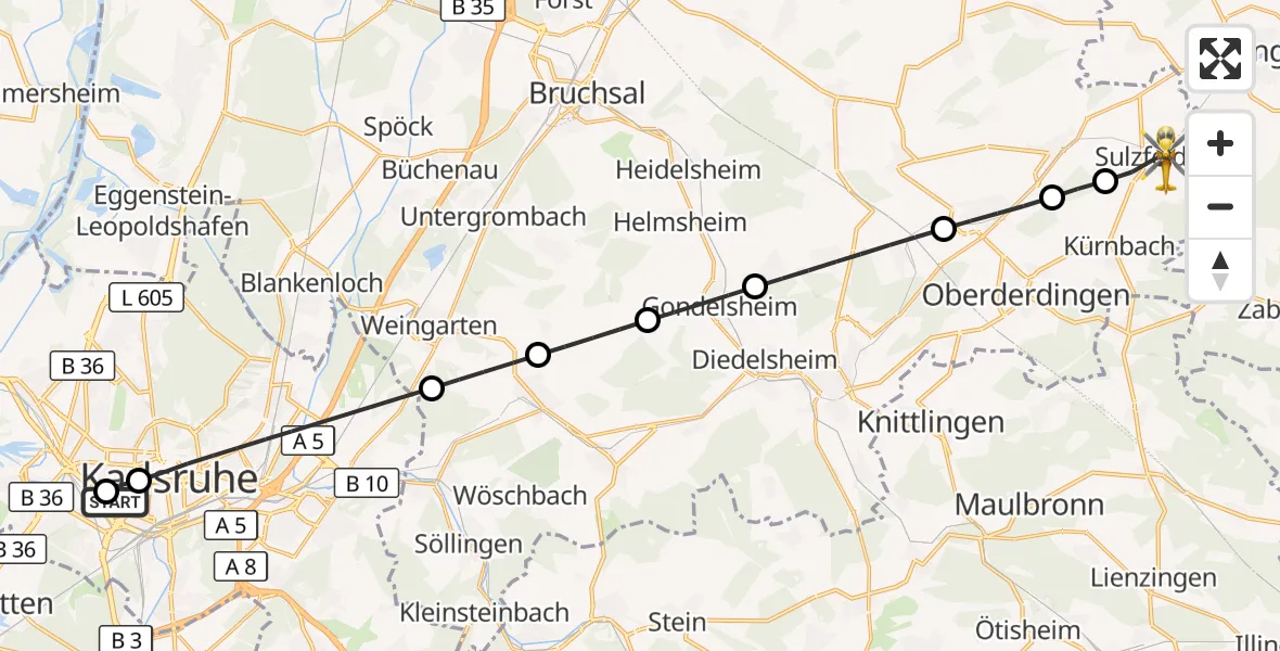 Flugroute Rettungshubschrauber Sankt Vincentius Hospital - Sulzfeld, 05 Mai 2026, 09:31