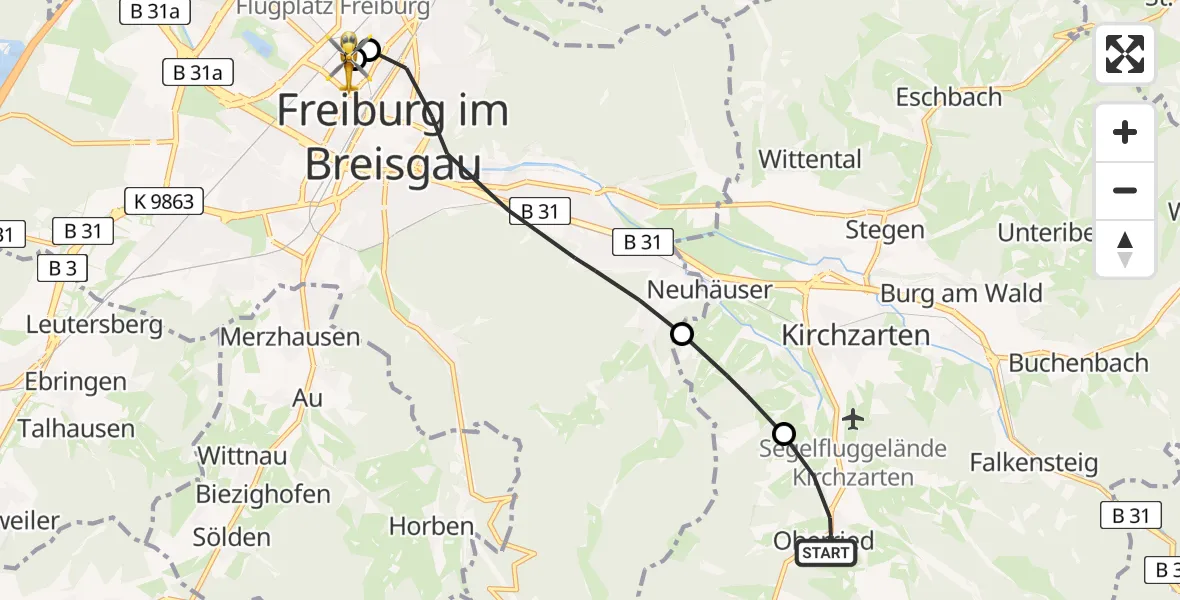 Flugroute Rettungshubschrauber Oberried - Freiburg University Hospital Heliport 1, 05 Mai 2026, 09:35