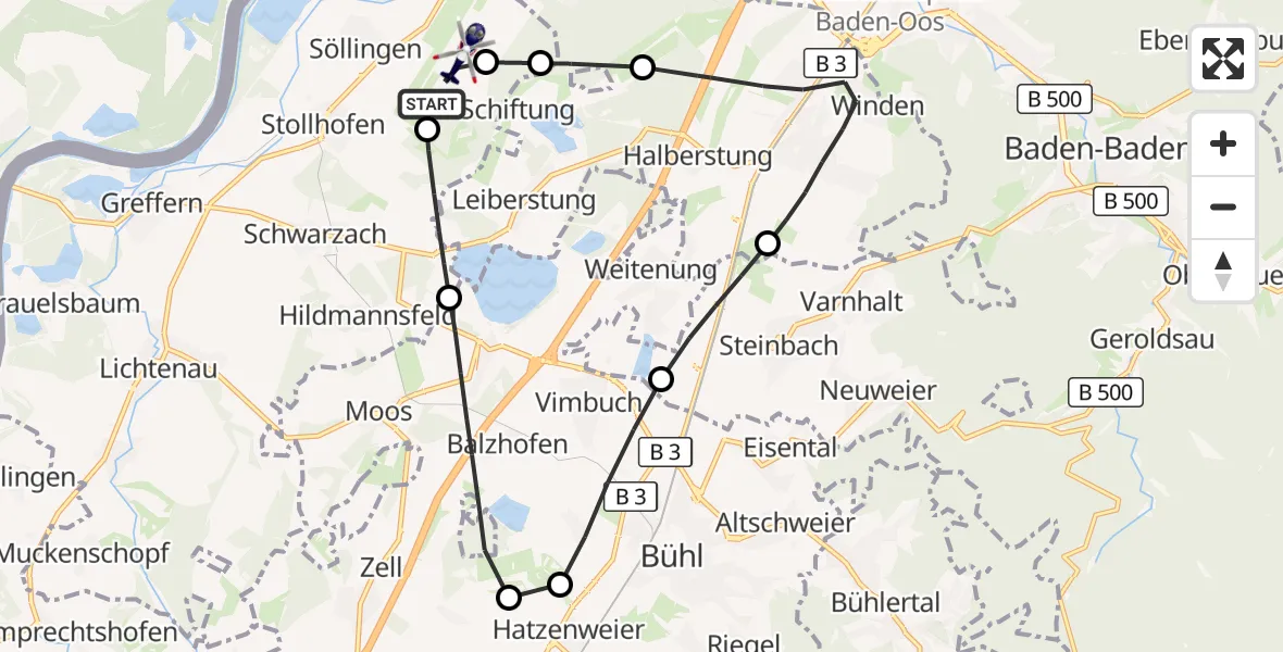 Flugroute Polizeihubschrauber Karlsruhe Baden-Baden Flughafen - Karlsruhe Baden-Baden Flughafen, 05 Mai 2026, 09:39