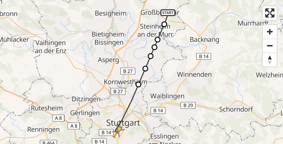 Flugroute Rettungshubschrauber Großbottwar - Stuttgart, 05 Mai 2026, 09:39