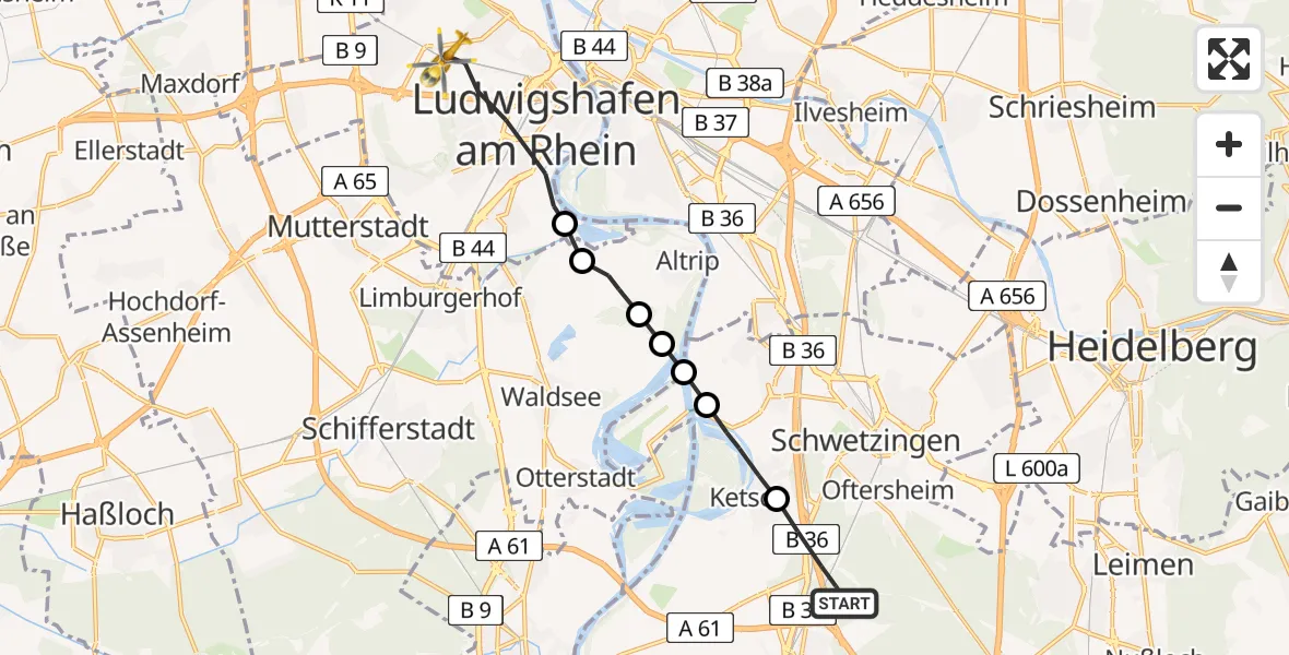 Flugroute Rettungshubschrauber Schwetzingen - Ludwigshafen am Rhein, 05 Mai 2026, 09:41