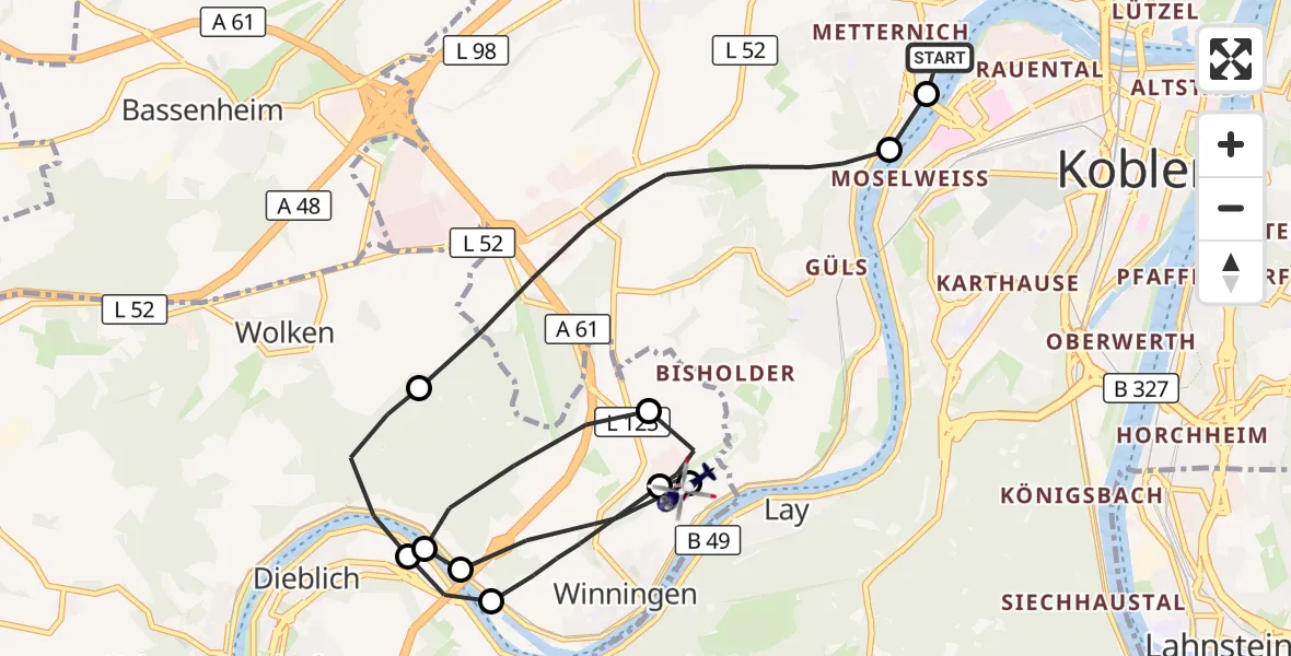 Flugroute Polizeihubschrauber Koblenz - Koblenz-Winningen Flugplatz, 05 Mai 2026, 09:41