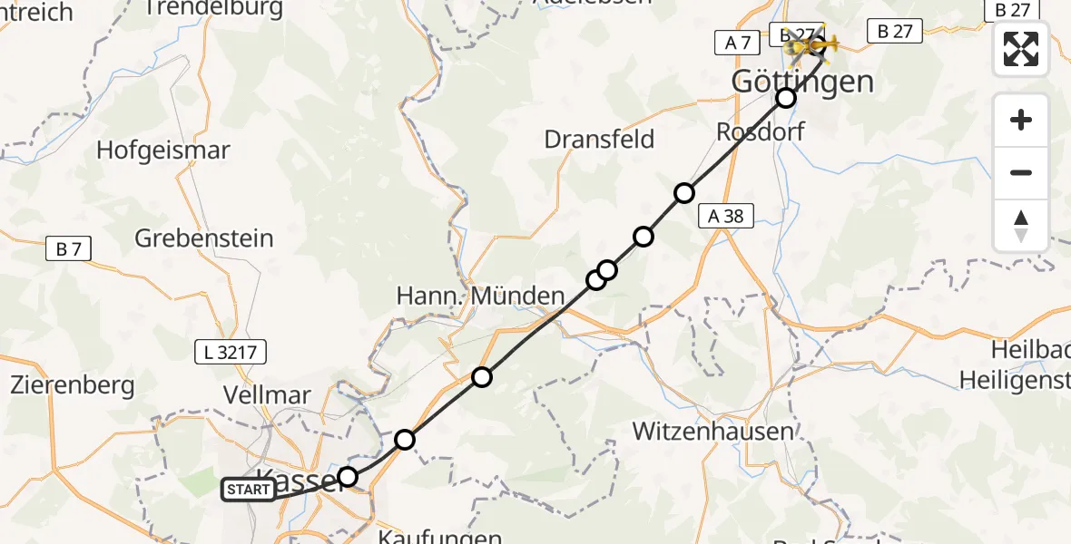 Flugroute Rettungshubschrauber Kassel - Göttingen University Clinic Hubschrauberlandeplatz, 05 Mai 2026, 09:49