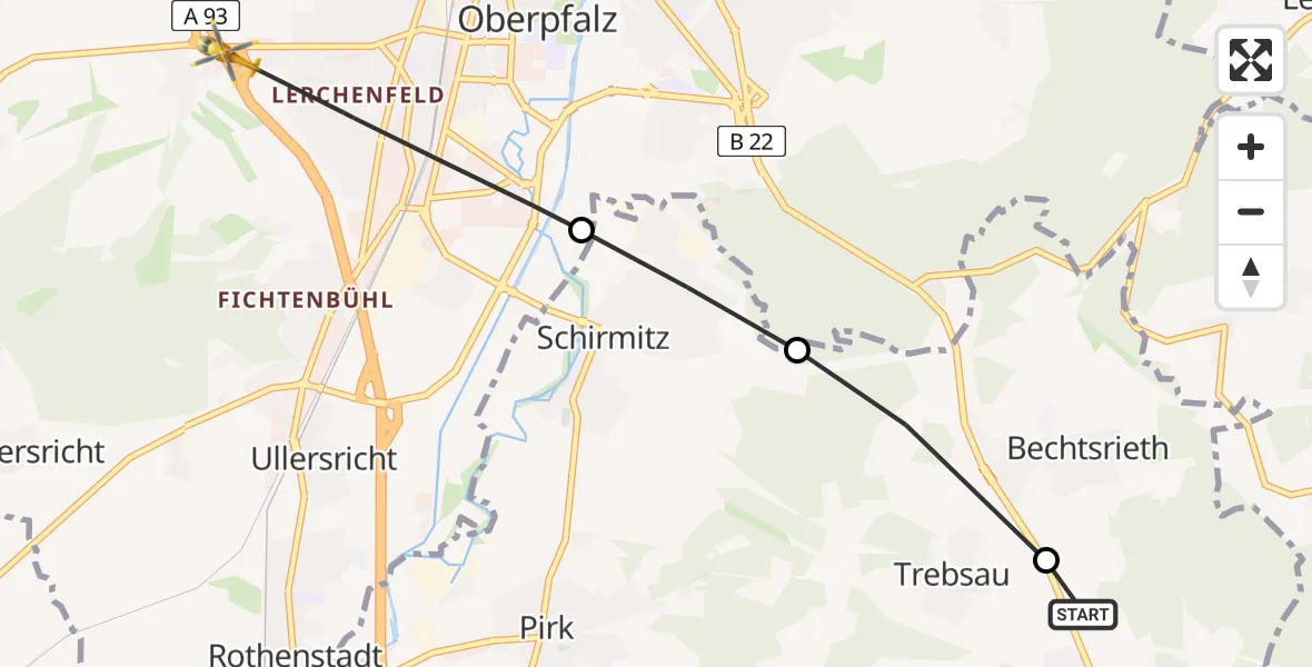 Flugroute Rettungshubschrauber Irchenrieth - Weiden i.d.OPf., 05 Mai 2026, 10:01