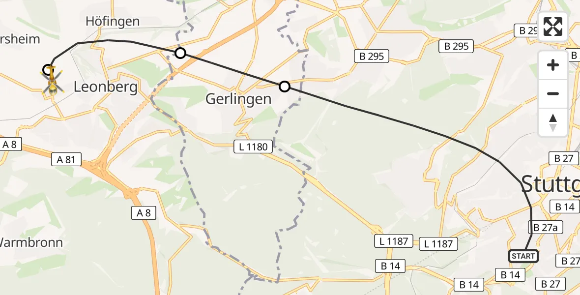 Flugroute Rettungshubschrauber Stuttgart - Leonberg Hospital, 05 Mai 2026, 10:09