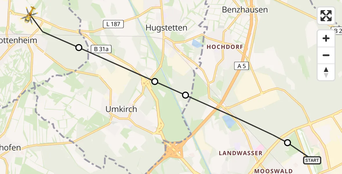Flugroute Rettungshubschrauber Freiburg im Breisgau Flugplatz - Gottenheim, 05 Mai 2026, 10:09