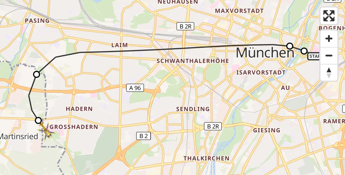 Flugroute Rettungshubschrauber Rechts der Isar University Hospital - DRF Air Rescue München Hubschrauberlandeplatz, 05 Mai 2026, 10:16