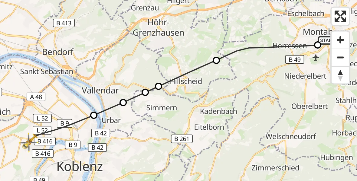 Flugroute Rettungshubschrauber Catholic Hospital Koblenz-Montabaur - Koblenz, 05 Mai 2026, 10:22