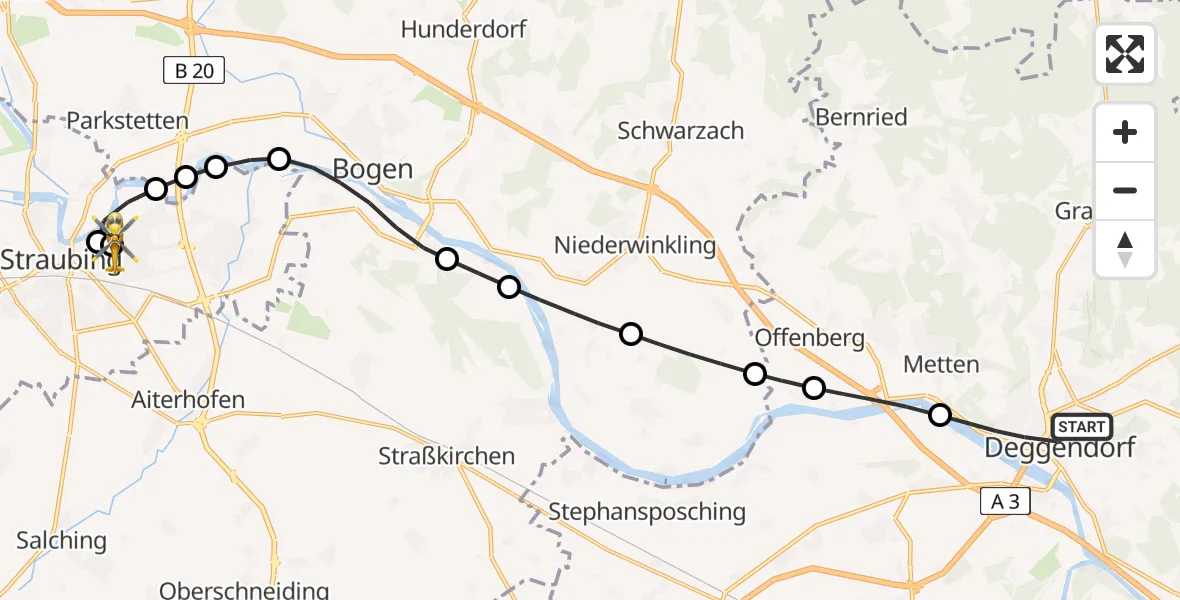 Flugroute Rettungshubschrauber Deggendorf - Sankt Elisabeth Hospital Straubing, 05 Mai 2026, 10:24