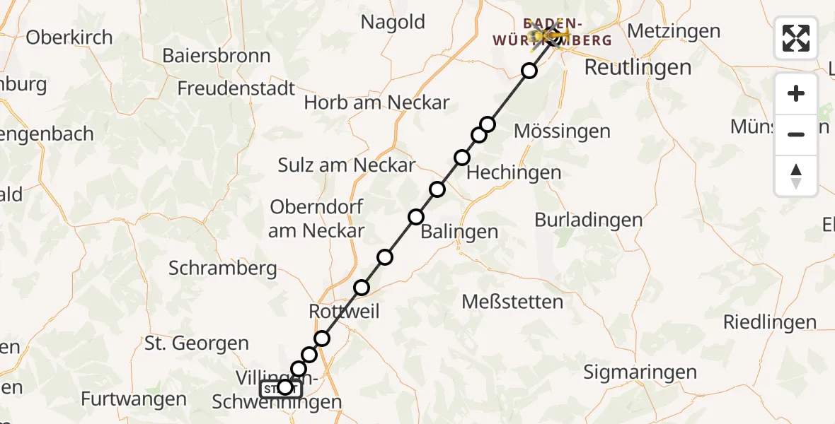 Flugroute Ambulanzhubschrauber DRF Air Rescue Station Villingen-Schwenningen Hubschrauberlandeplatz (Christoph 11) - Tübingen Trauma Hospital, 05 Mai 2026, 10:28