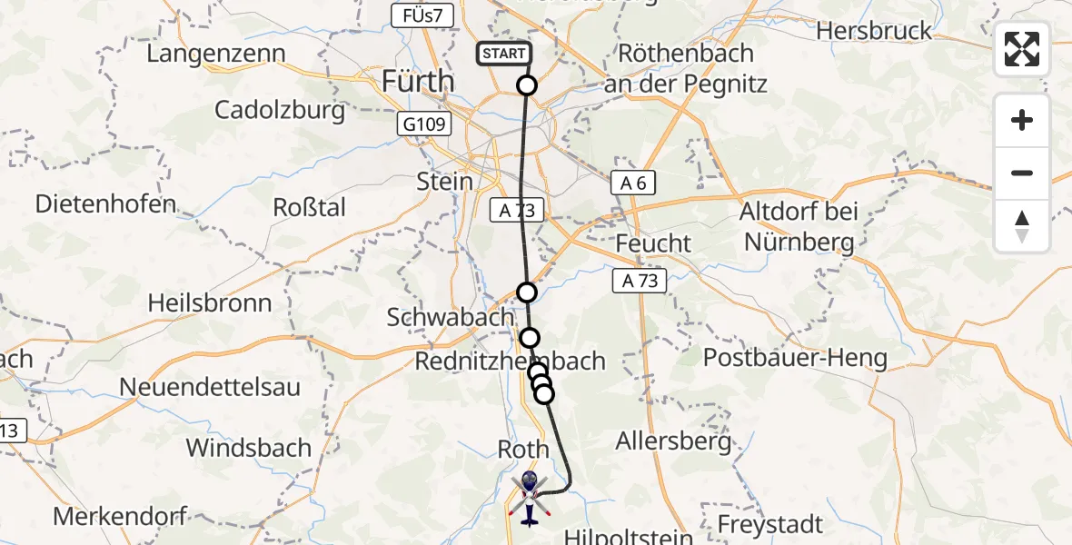 Flugroute Polizeihubschrauber Flughafen Nuremberg - Flugplatz Roth, 05 Mai 2026, 10:34