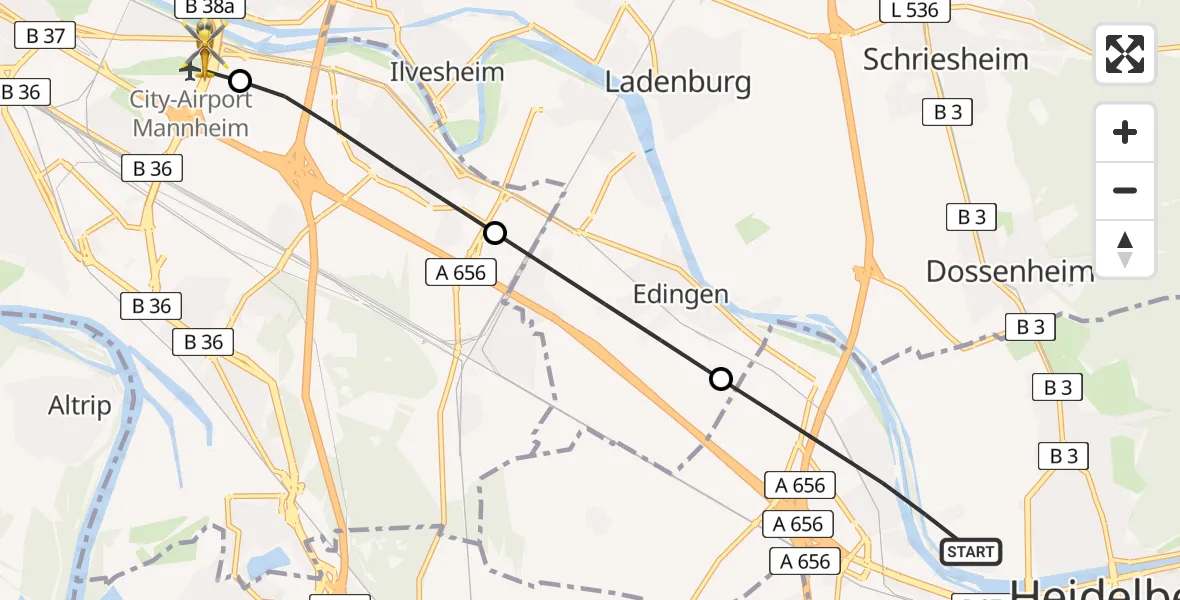 Flugroute Rettungshubschrauber Heidelberg - Mannheim-City Flughafen, 05 Mai 2026, 10:36