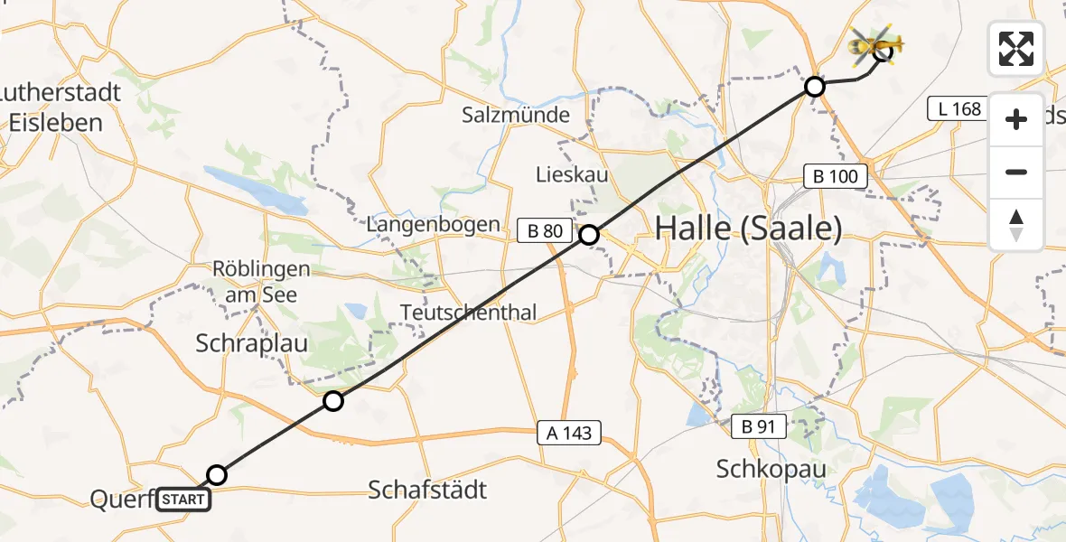 Flugroute Rettungshubschrauber Querfurt - Halle-Oppin Flugplatz, 05 Mai 2026, 10:41