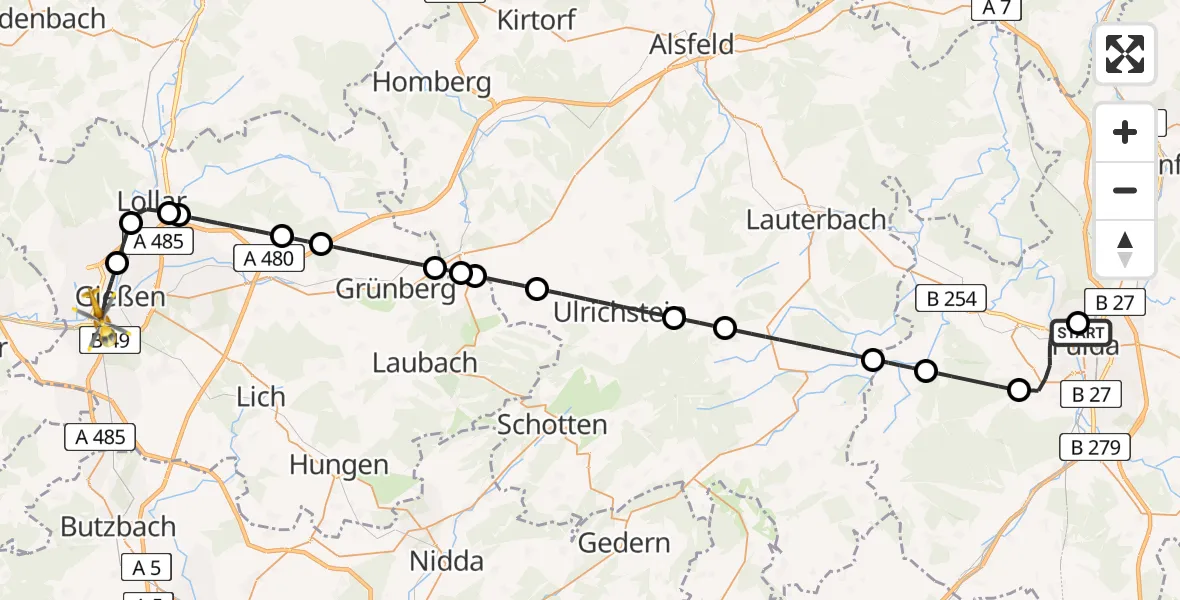 Flugroute Rettungshubschrauber Herz-Jesu Hospital Fulda - Gießen, 05 Mai 2026, 10:43