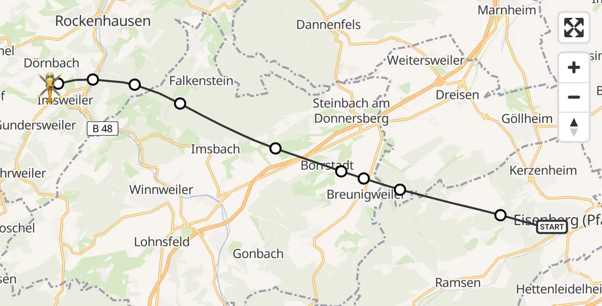 Flugroute Rettungshubschrauber Eisenberg (Pfalz) - Imsweiler UL, 05 Mai 2026, 10:44