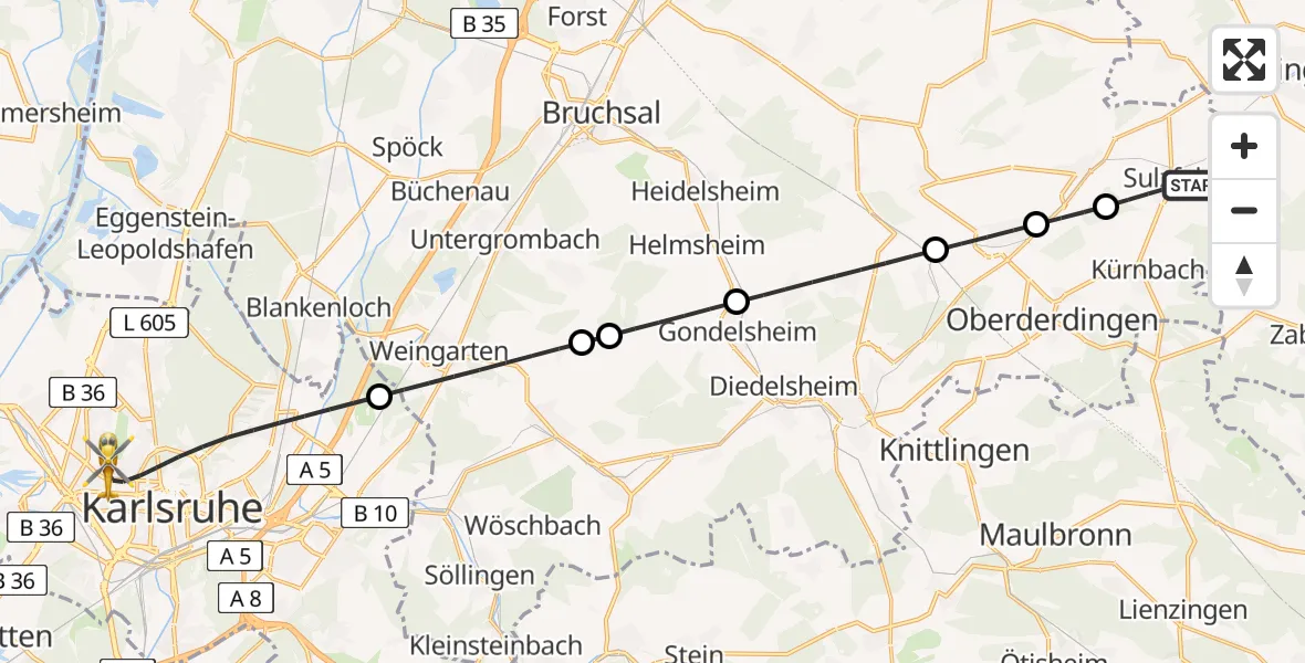 Flugroute Rettungshubschrauber Sulzfeld - Karlsruhe, 05 Mai 2026, 10:45