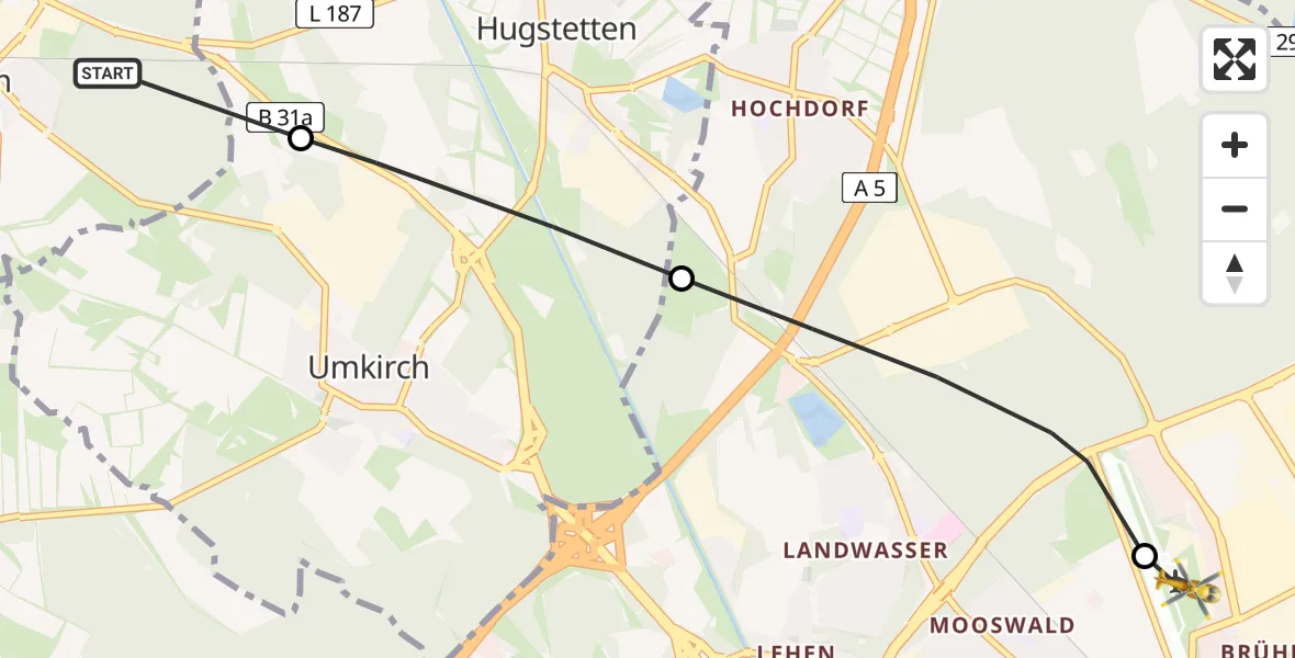Flugroute Rettungshubschrauber Gottenheim - Freiburg im Breisgau Flugplatz, 05 Mai 2026, 10:48