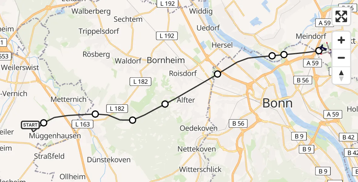 Flugroute Polizeihubschrauber Weilerswist UL - Sankt Augustin, 05 Mai 2026, 10:58