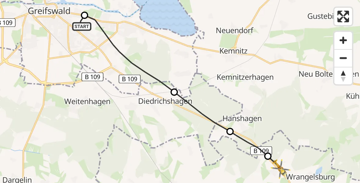 Flugroute Rettungshubschrauber Greifswald Hospital - Wrangelsburg, 05 Mai 2026, 11:07