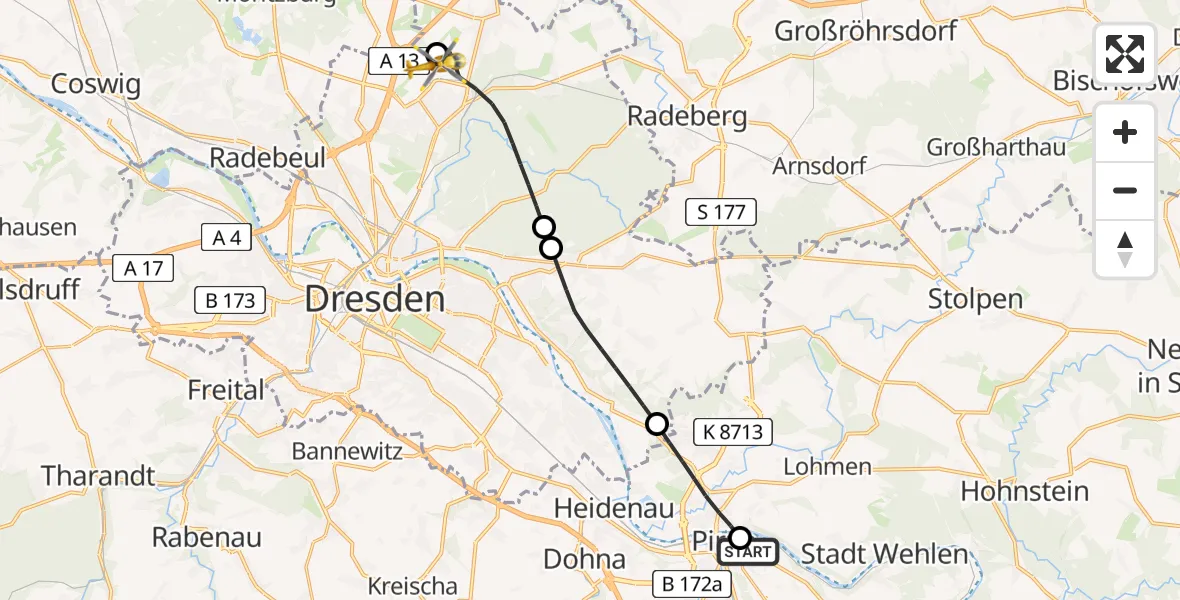 Flugroute Rettungshubschrauber Pirna Hospital - Dresden Bundespolizei Hubschrauberlandeplatz, 05 Mai 2026, 11:10
