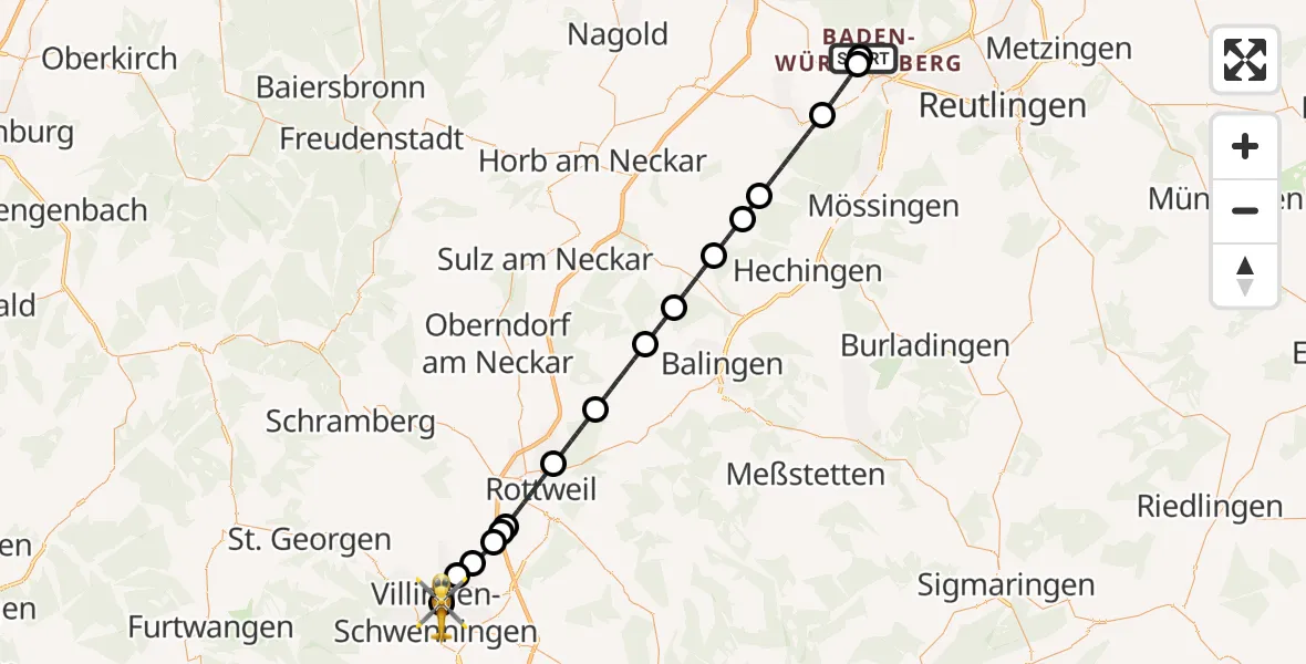 Flugroute Ambulanzhubschrauber Tübingen Trauma Hospital - DRF Air Rescue Station Villingen-Schwenningen Hubschrauberlandeplatz (Christoph 11), 05 Mai 2026, 11:21