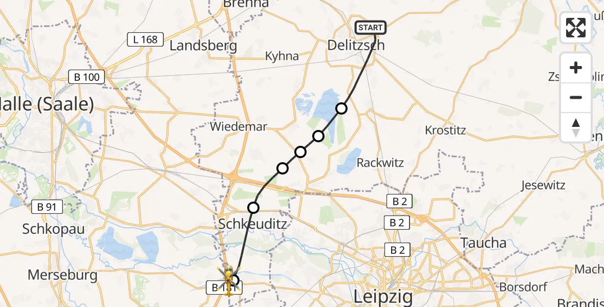Flugroute Rettungshubschrauber Delitzsch - ADAC Air Rescue Station Leipzig/Schkeuditz-Dölzig Hubschrauberlandeplatz (Christoph 61), 05 Mai 2026, 11:22