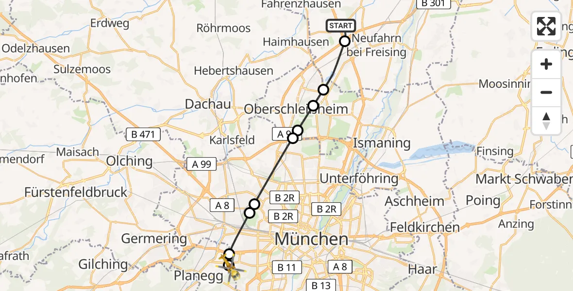 Flugroute Rettungshubschrauber Neufahrn b.Freising - DRF Air Rescue München Hubschrauberlandeplatz, 05 Mai 2026, 11:22