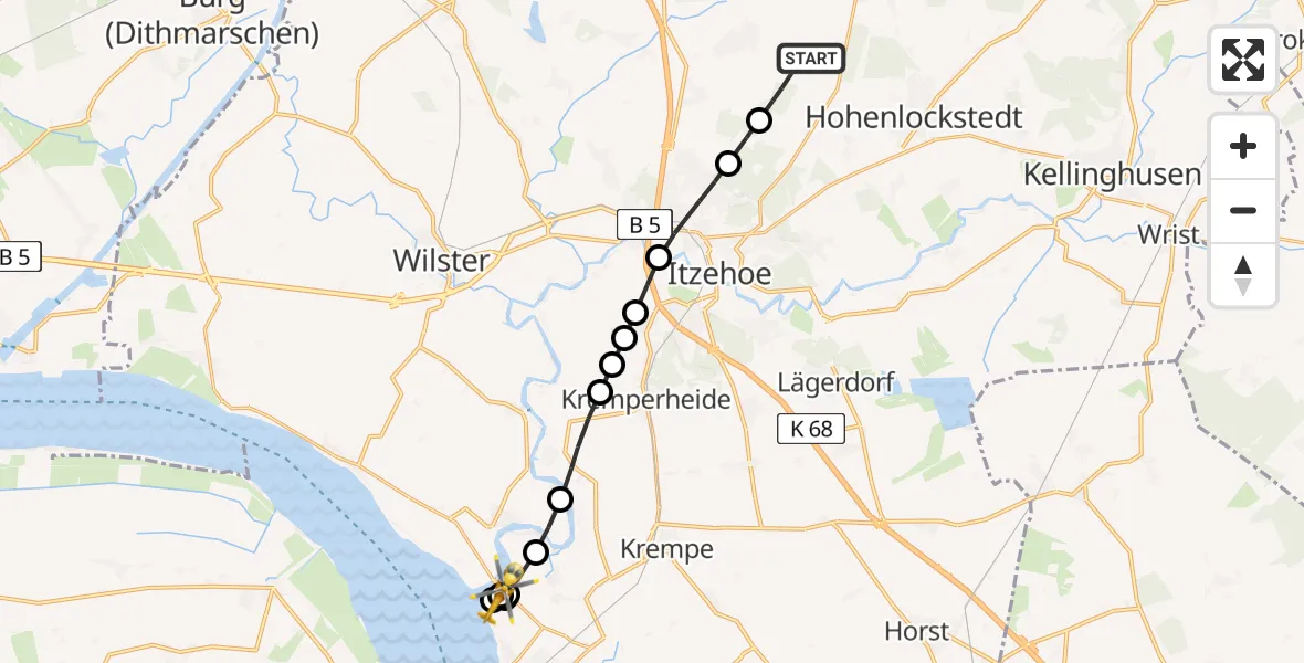 Flugroute Rettungshubschrauber Hohenaspe - Borsfleth, 05 Mai 2026, 11:24